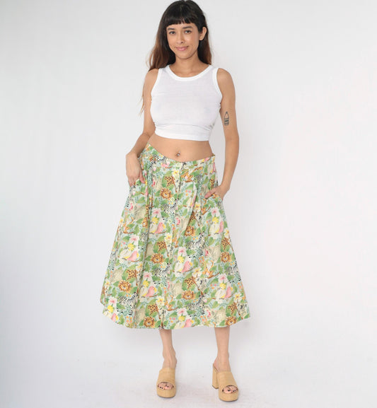 90s Safari Animal Print Midi Skirt Button Front Green Floral Medium