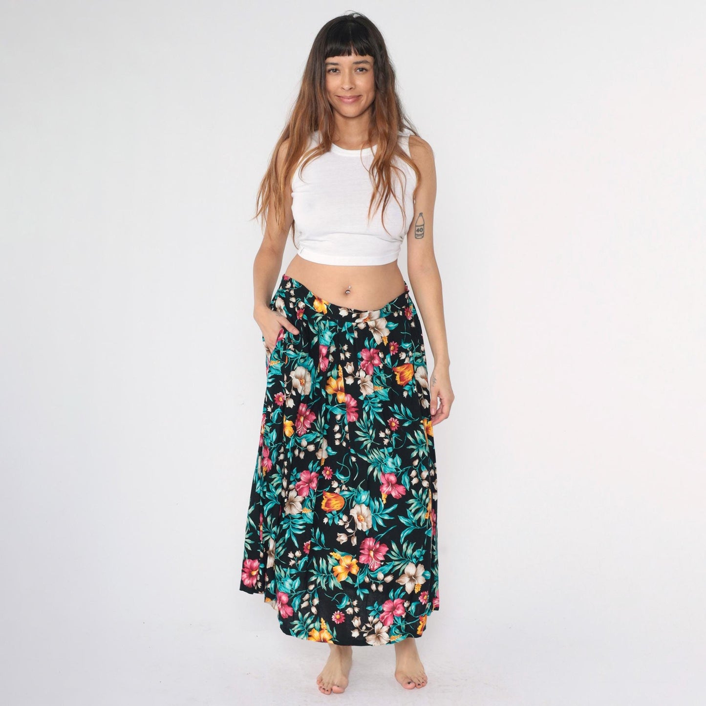 90s Tropical Floral Midi Skirt Black Rayon High Waist Large L
