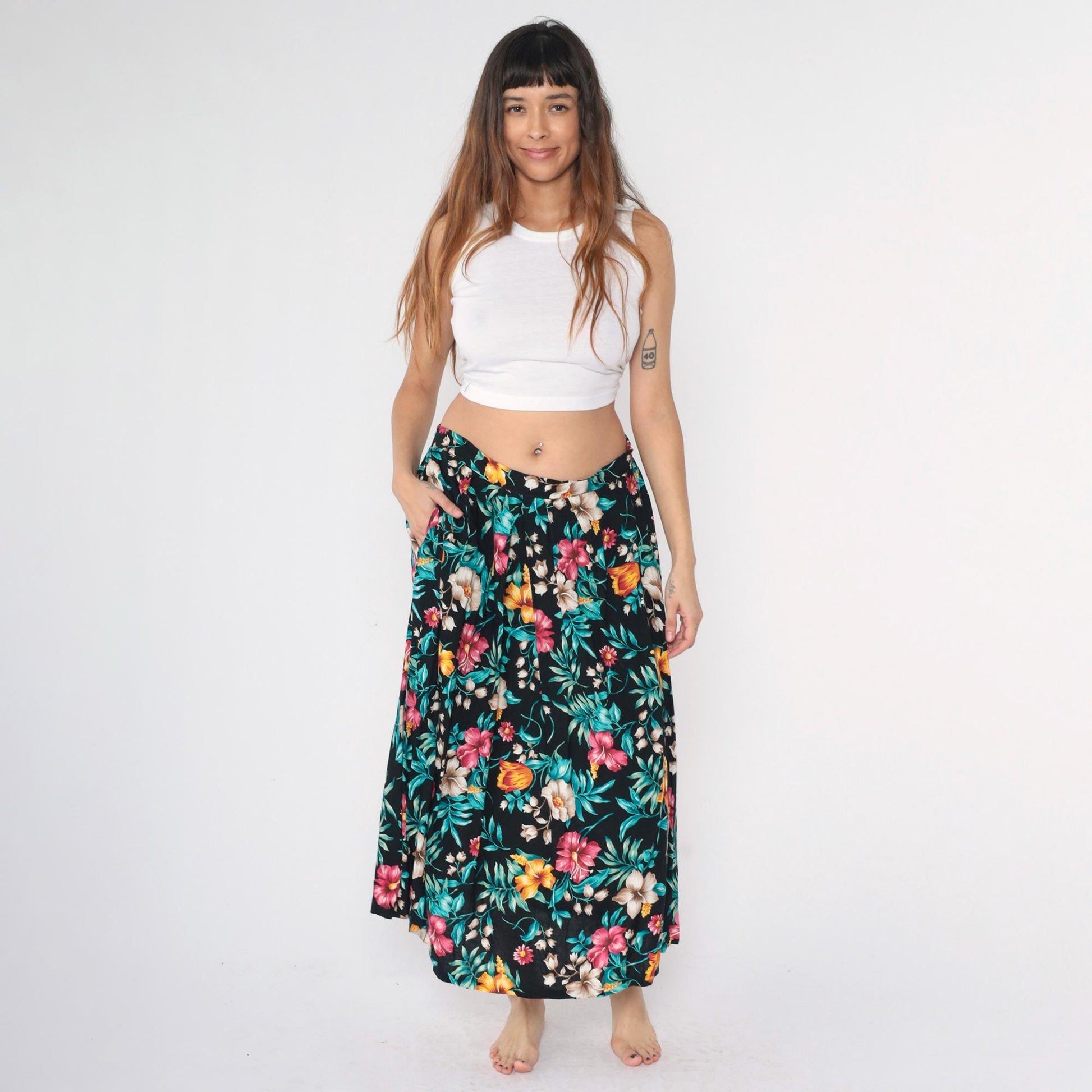 90s Tropical Floral Midi Skirt Black Rayon High Waist Large L