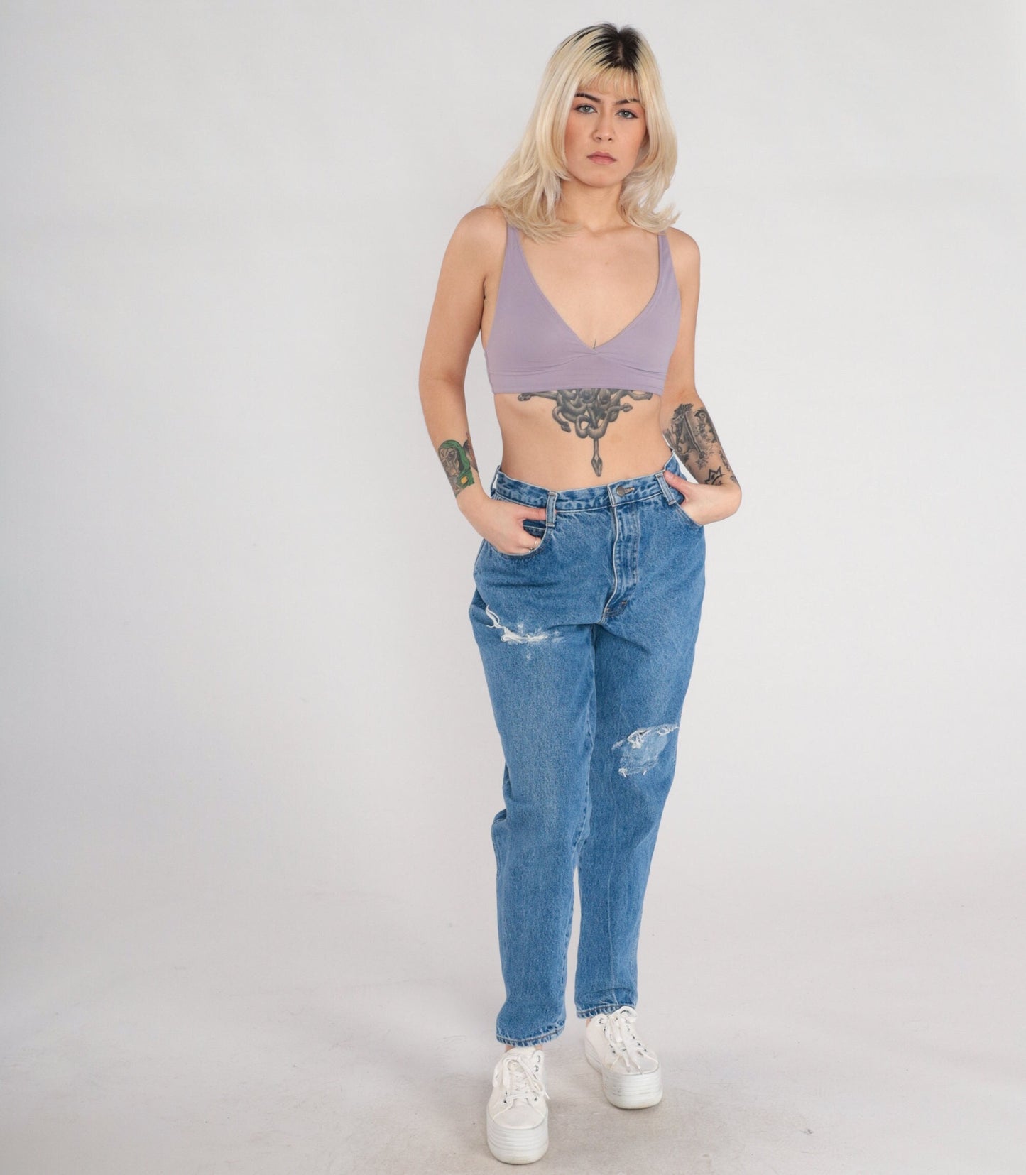 90s Gitano High-Waisted Tapered Mom Jeans Blue Denim Ripped Medium