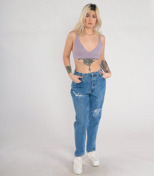 90s Gitano High-Waisted Tapered Mom Jeans Blue Denim Ripped Medium