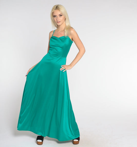 70s Green Maxi Dress Sweetheart Neckline Basque Waist Sleeveless Small S