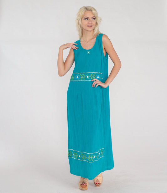 Y2K Turquoise Floral Embroidered Cotton Maxi Dress Sleeveless Large L