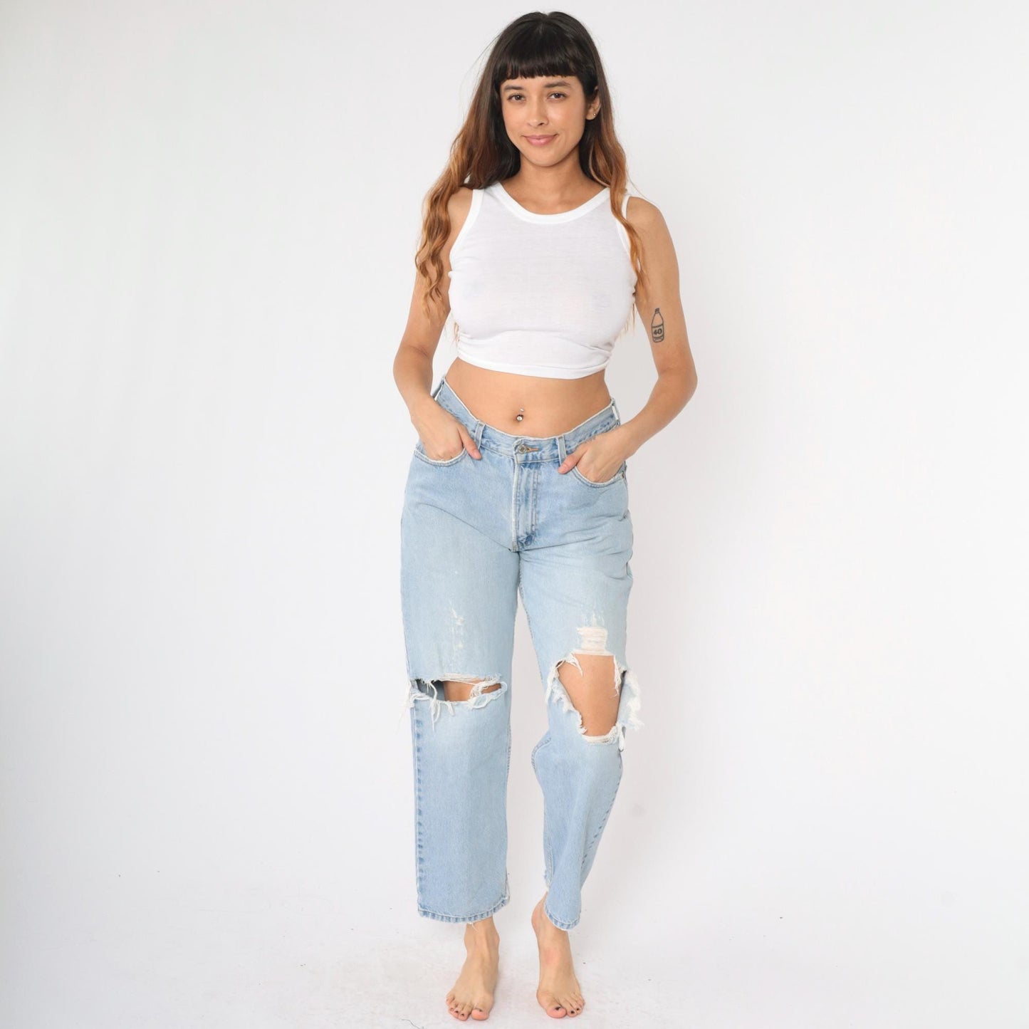 Y2K Levi's 550 Jeans High Rise Straight Leg Ripped Knee Light Wash Blue 32x29