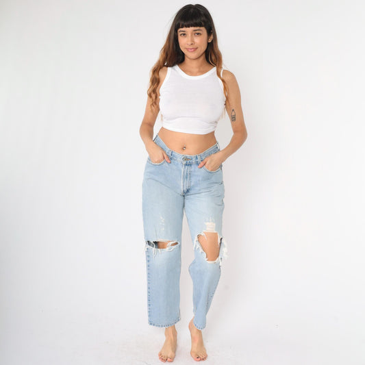 Y2K Levi's 550 Jeans High Rise Straight Leg Ripped Knee Light Wash Blue 32x29