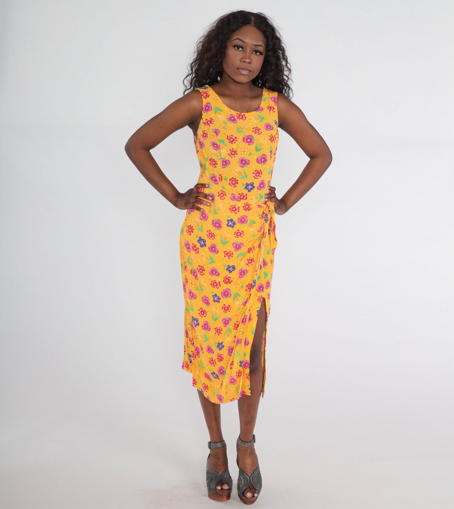 90s Molly Malloy Floral Midi Dress Yellow Print Sleeveless Wrap Slit Medium