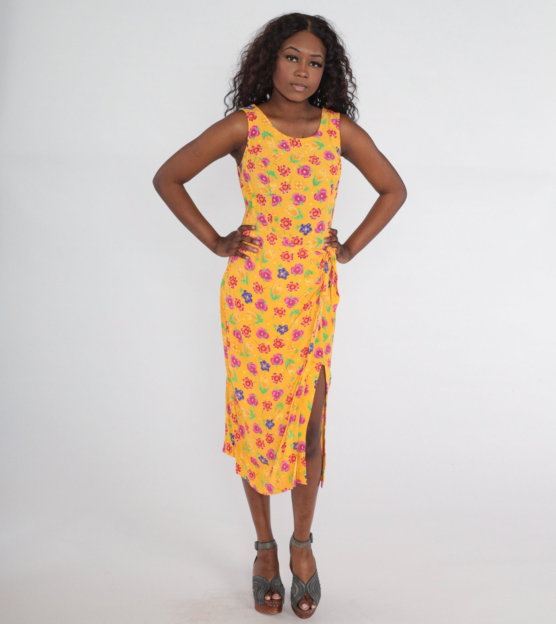 90s Molly Malloy Floral Midi Dress Yellow Print Sleeveless Wrap Slit Medium