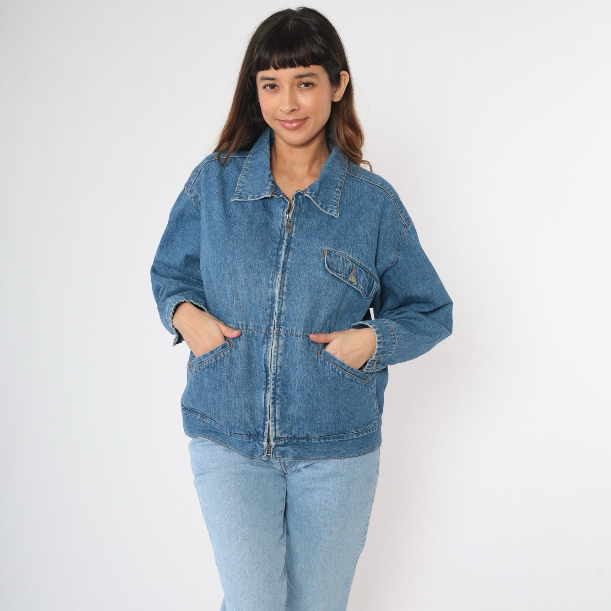 Y2K Route 66 Blue Denim Zip Jacket Collared Windbreaker Large L