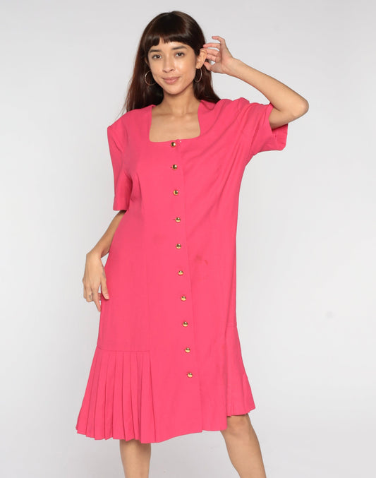 80s Liz Claiborne Pink Button-Up Midi Dress Drop Waist Shift Extra Large XL