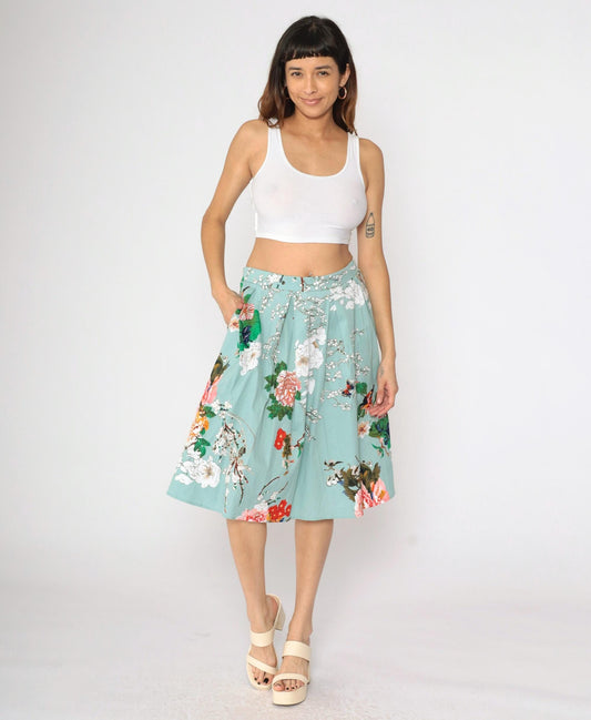 90s Floral Butterfly Midi Skirt Seafoam High Waist Pleated Plus Size XXL