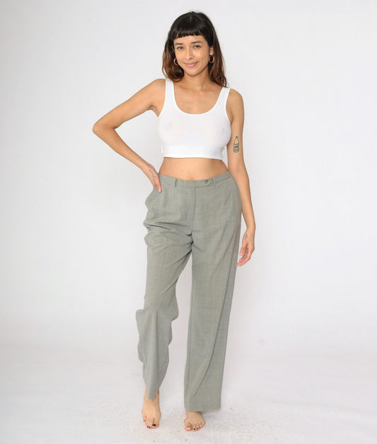 90s Grey Plaid Straight Leg Trousers High Rise Vintage Kim Rogers Medium