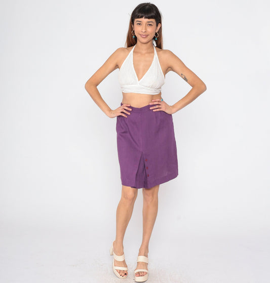 80s Purple Pencil Skirt High Waist Pleated Button Front Mini Medium
