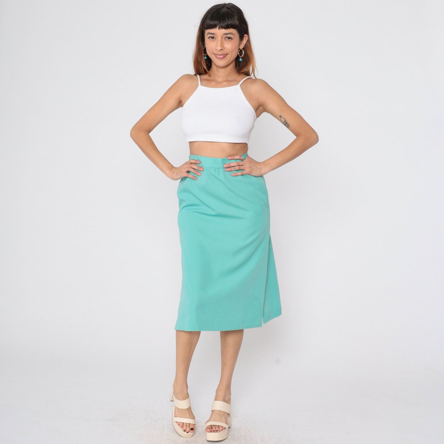 80s Seafoam Midi Pencil Skirt High Waist Side Slit Small