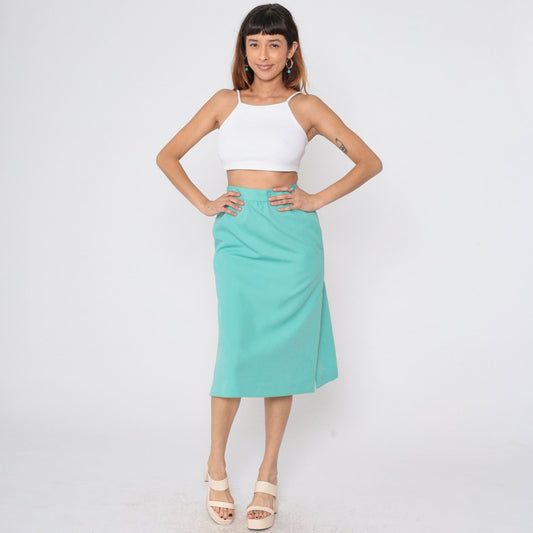 80s Seafoam Midi Pencil Skirt High Waist Side Slit Small