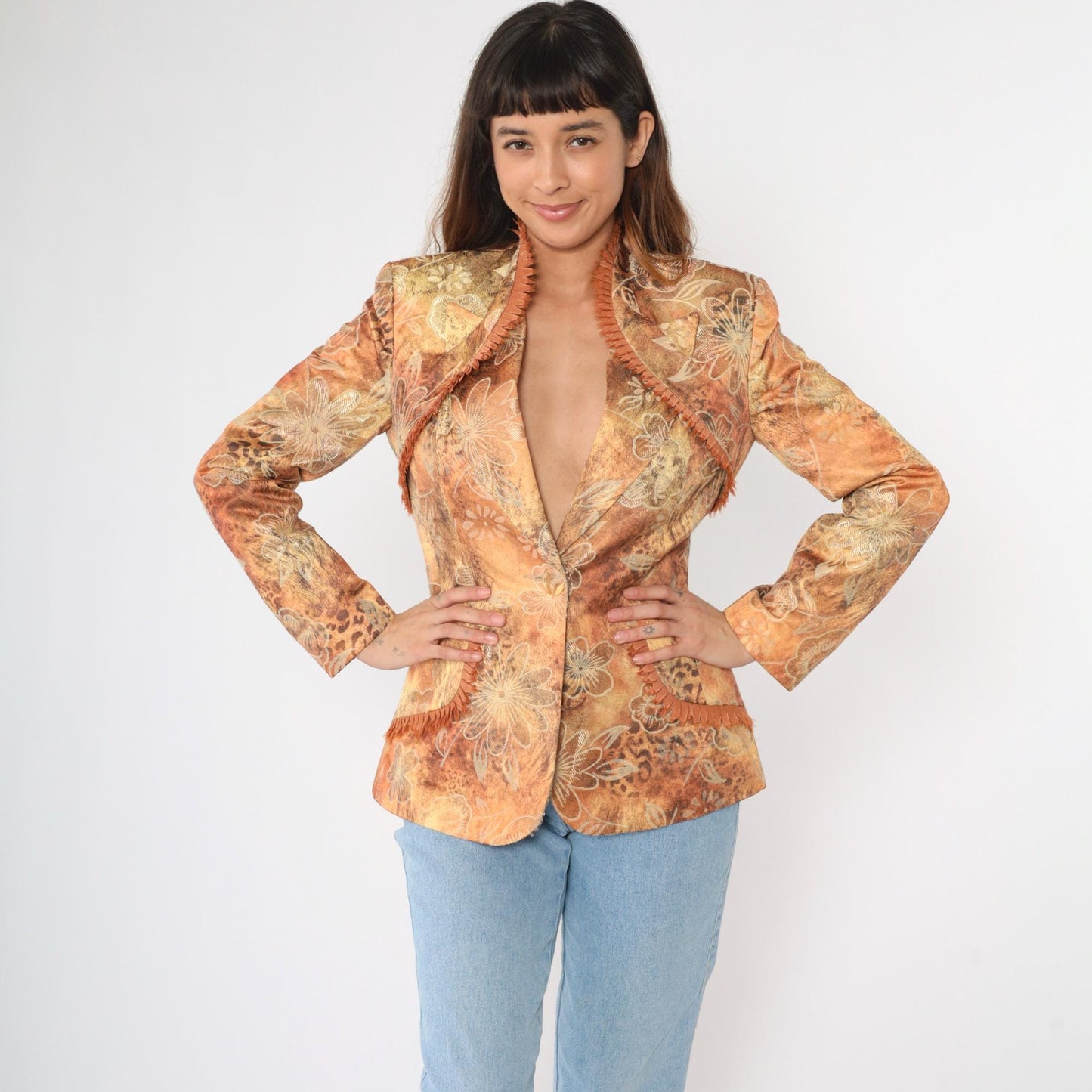 90s Floral Jacquard Blazer Leopard Print Fringe Trim Deep V Burnt Orange Small