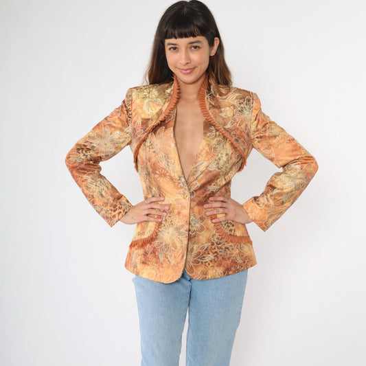 90s Floral Jacquard Blazer Leopard Print Fringe Trim Deep V Burnt Orange Small