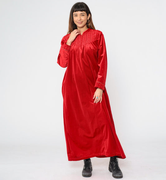 90s Red Velour Maxi Robe Dress Zip Front Gold Trim Large XL