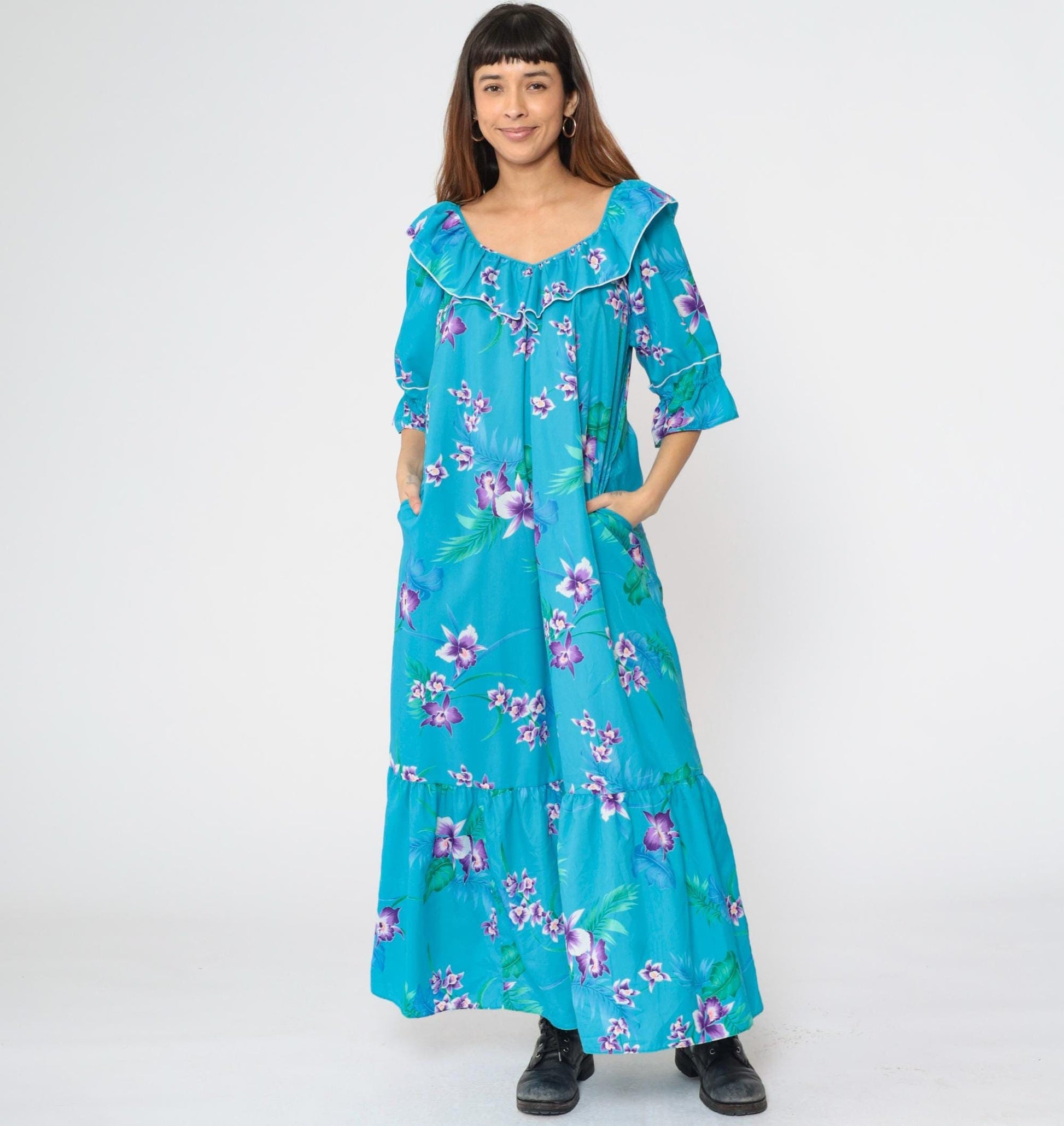 80s Blue Tropical Floral Maxi Dress 3/4 Sleeve Flounce Hem Medium