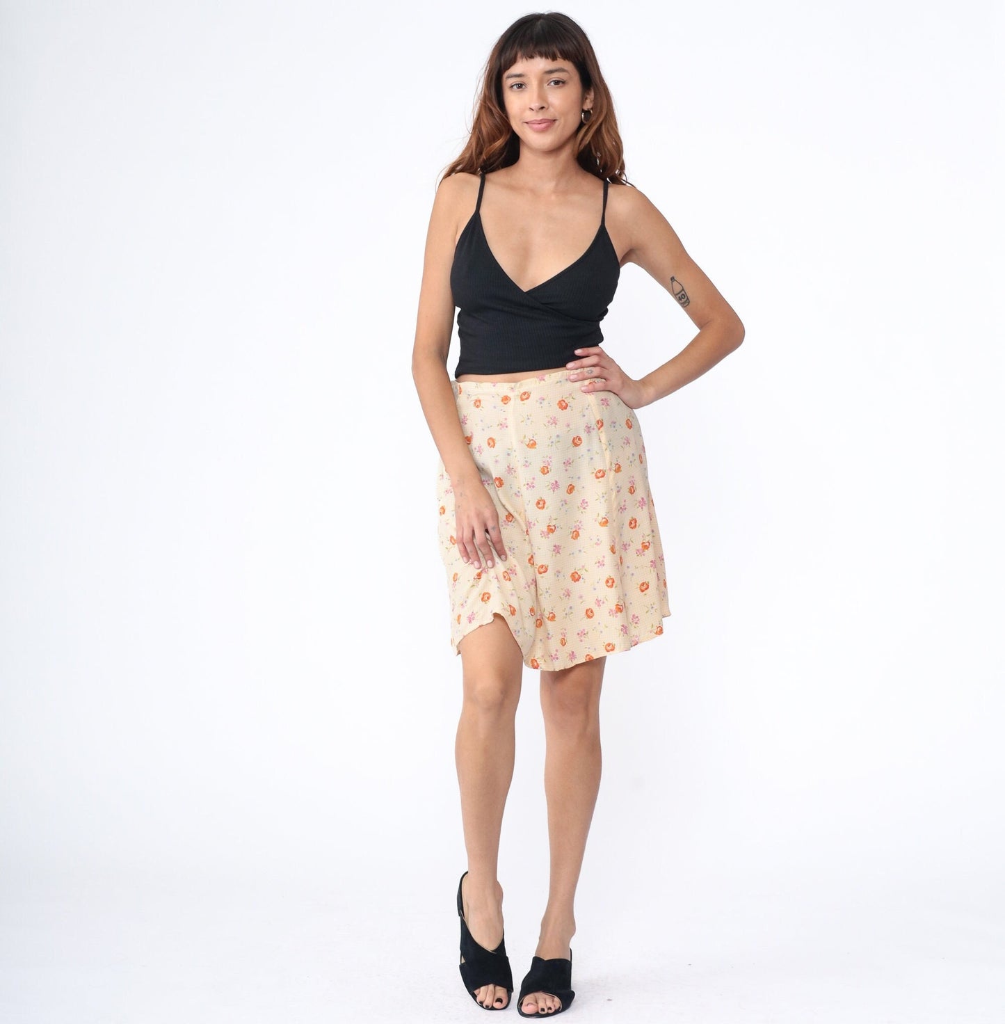70s Yellow Gingham Floral Mini Skirt High Waist Zipper Medium