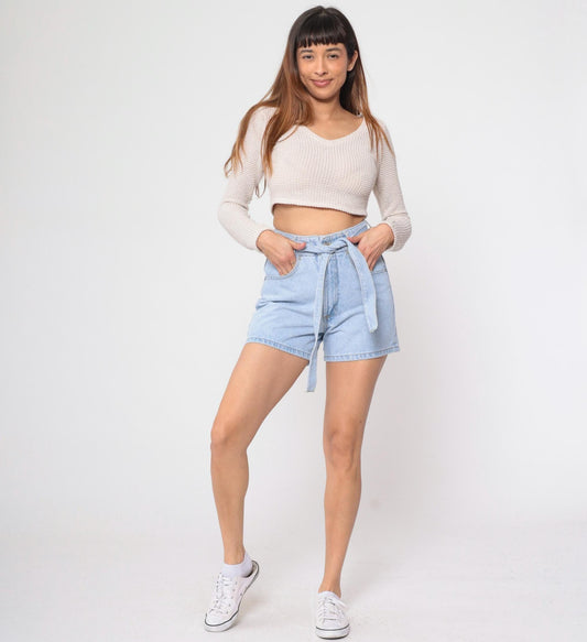 90s Parkers Light Wash Denim Shorts High Waisted Belted Jean Shorts Small