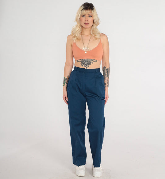 80s Navy High-Waisted Pleated Trousers Tapered Pants Small 26