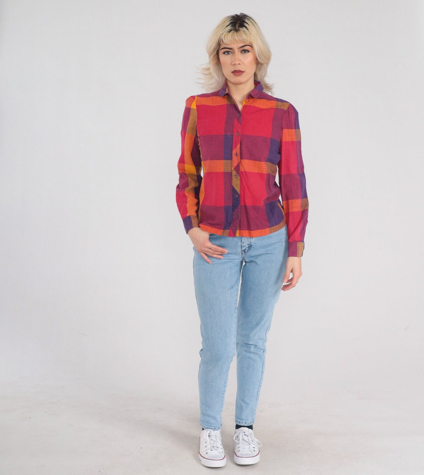 80s Checkered Cotton Puff Sleeve Button-Up Blouse Red Yellow Purple Extra Small