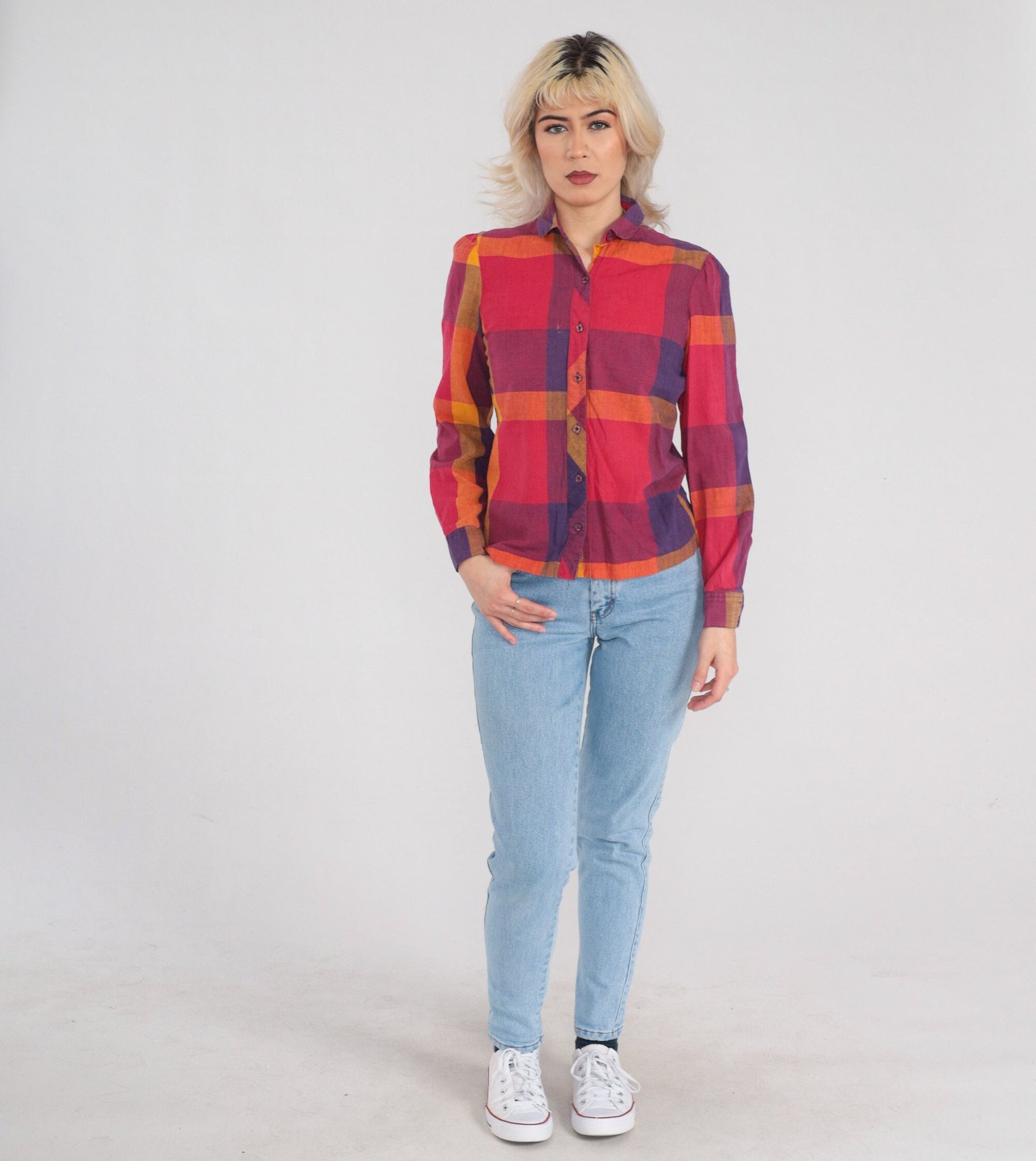 80s Checkered Cotton Puff Sleeve Button-Up Blouse Red Yellow Purple Extra Small