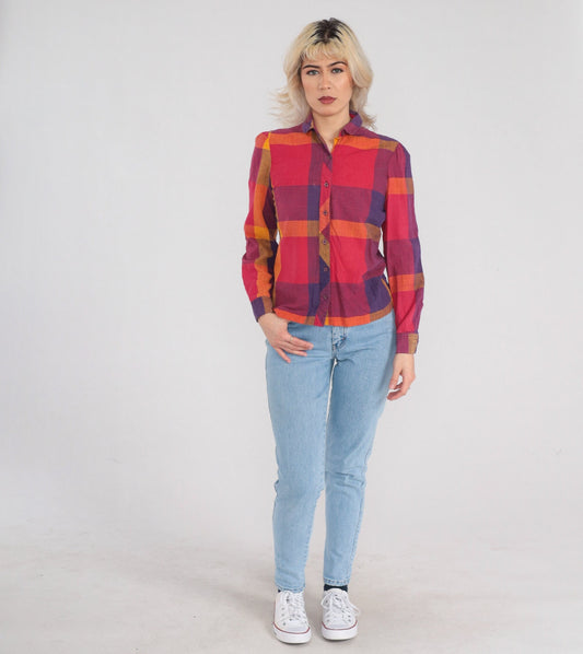 80s Checkered Cotton Puff Sleeve Button-Up Blouse Red Yellow Purple Extra Small
