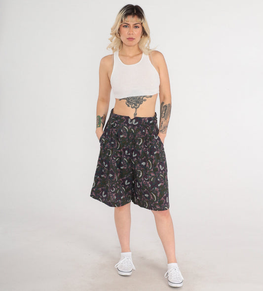 90s Floral Pleated Shorts High Waist Wide Leg Dark Print Purple Green Small