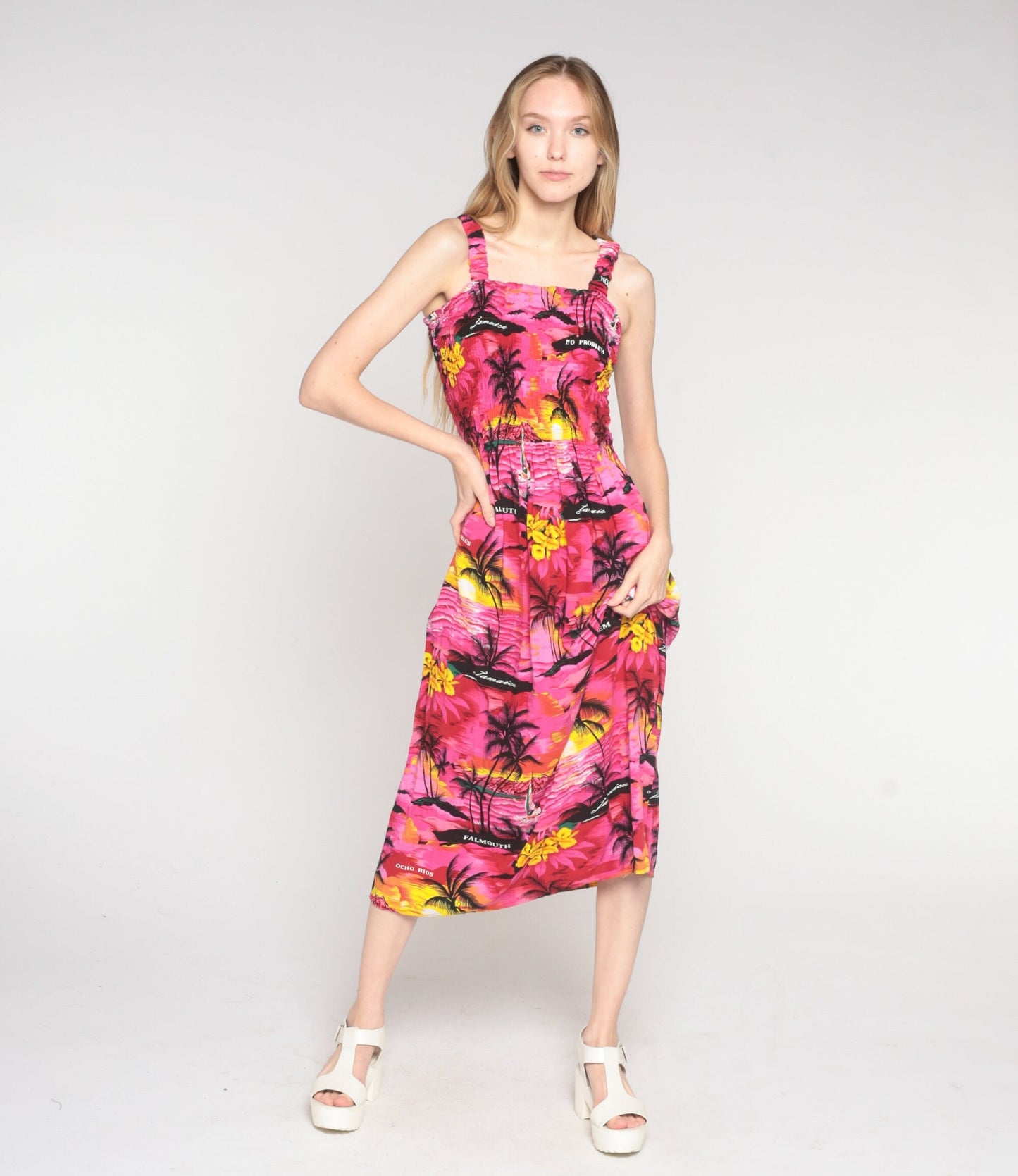 Y2K Pink Hawaiian Sunset Midi Dress Smocked Sleeveless Small Medium