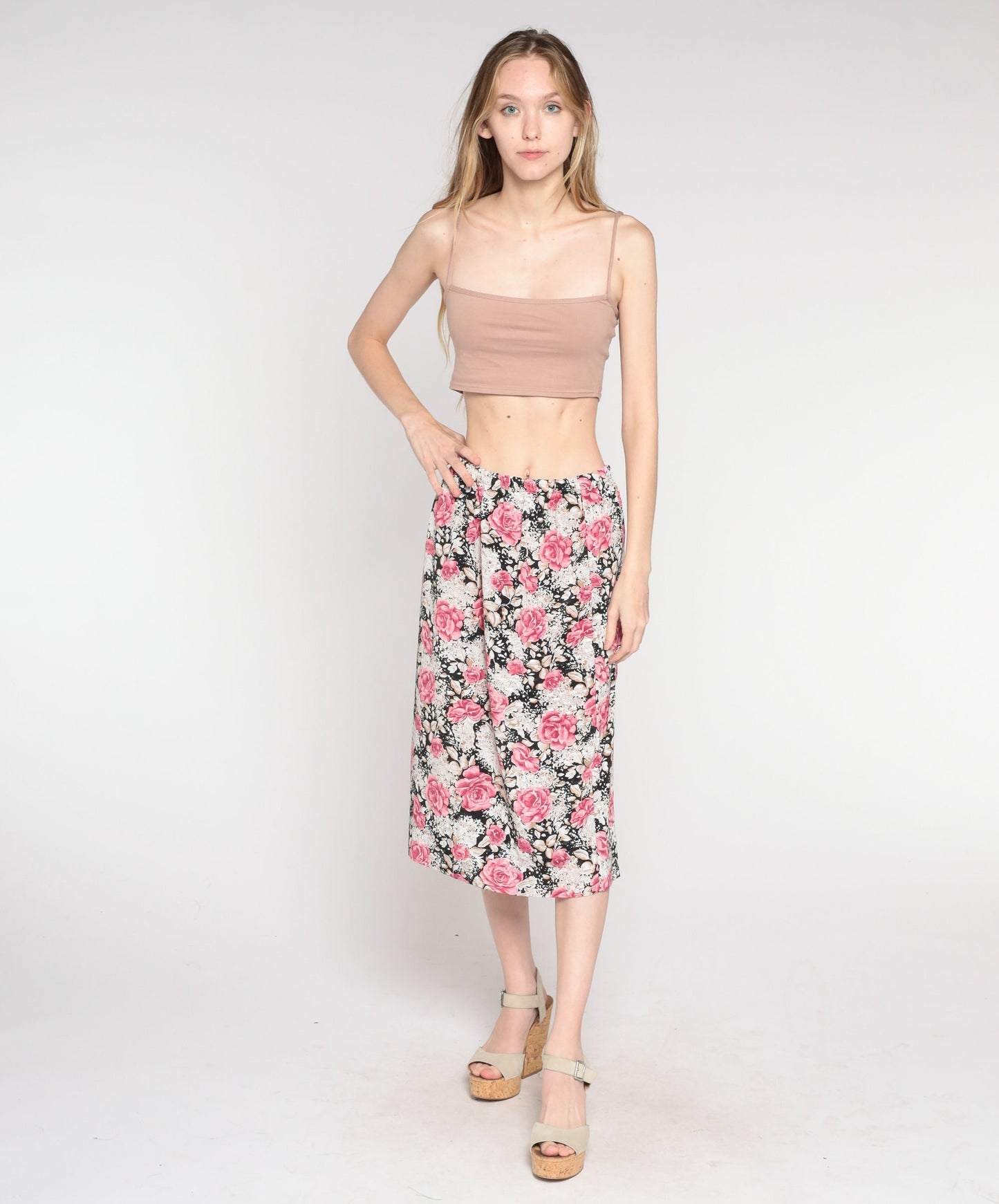 90s Floral Midi Skirt Pink Black High Waist Rayon Small Medium
