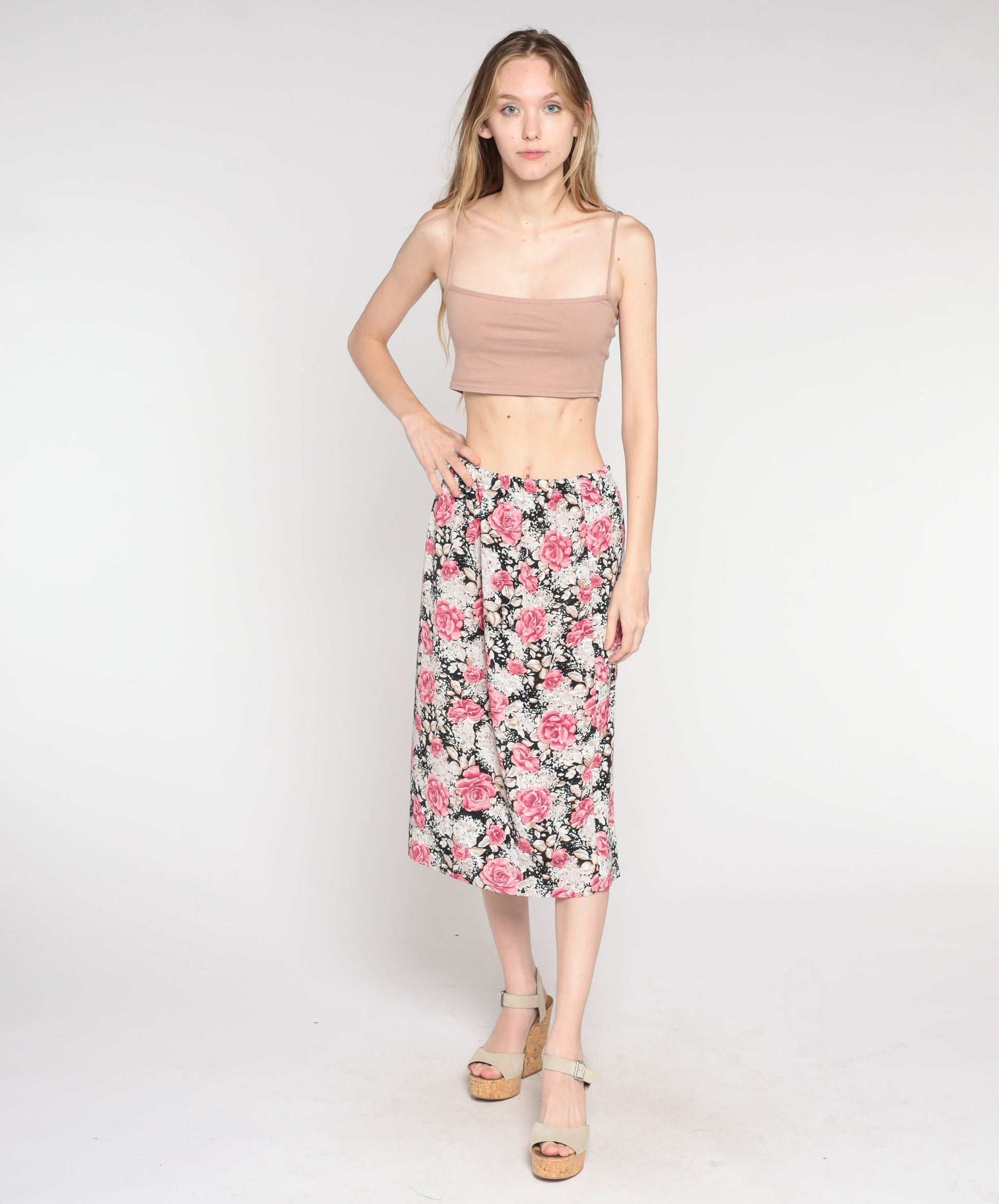 90s Floral Midi Skirt Pink Black High Waist Rayon Small Medium