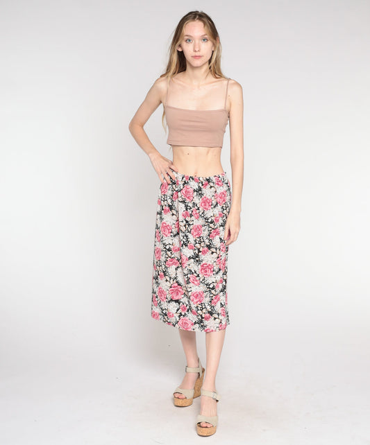 90s Floral Midi Skirt Pink Black High Waist Rayon Small Medium
