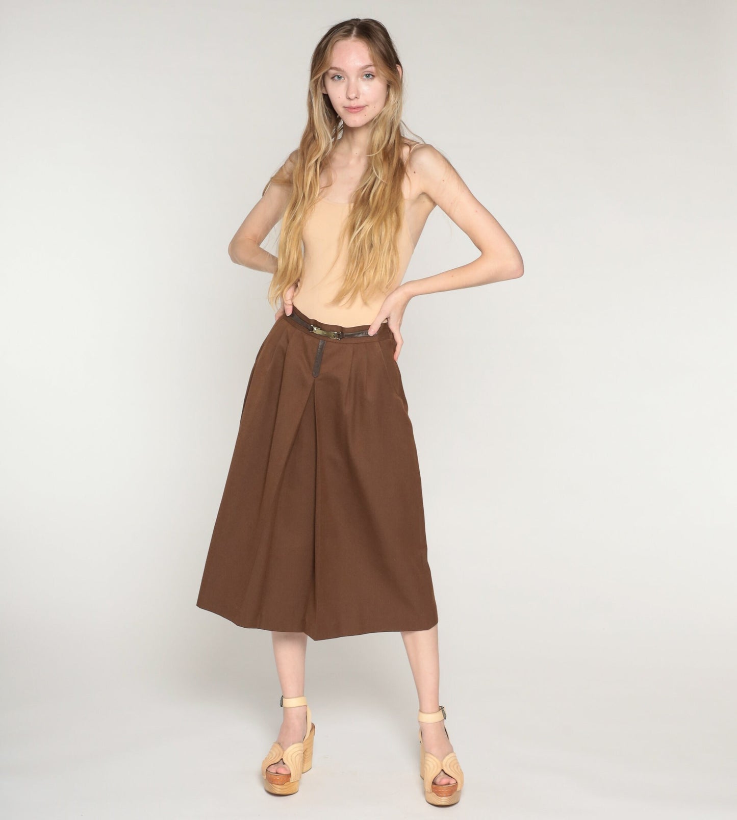 80s Brown Wool Blend Midi Skirt High Waist Pleated Side Zip Extra Small