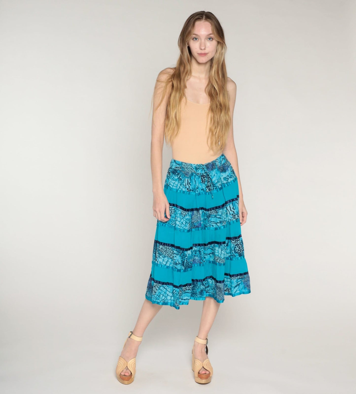00s Blue Tiered Midi Skirt Animal Print Ribbon Trim Cotton Small