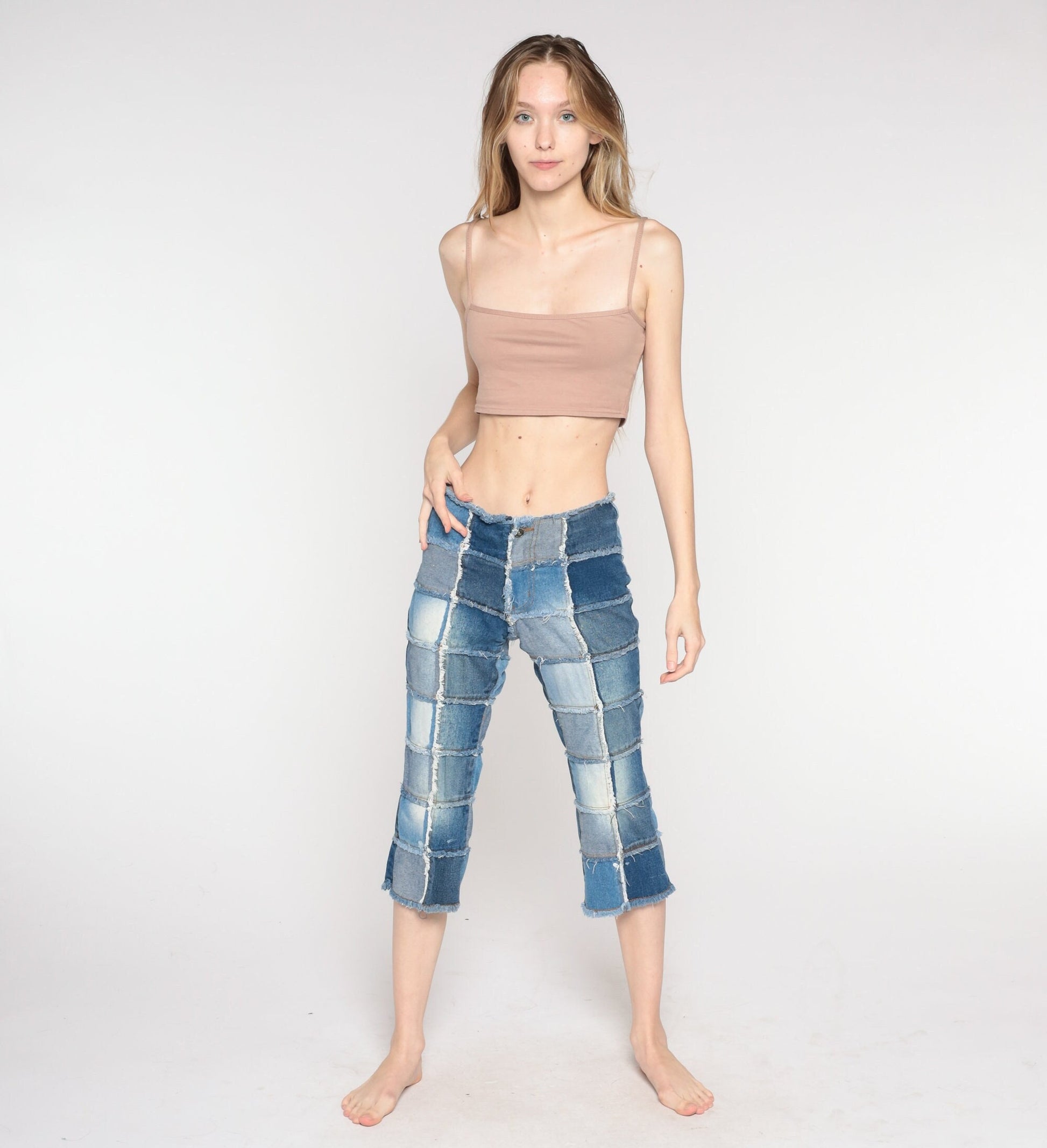 Y2K Patchwork Cropped Jeans Blue Low Rise Capri Denim Extra Small XS