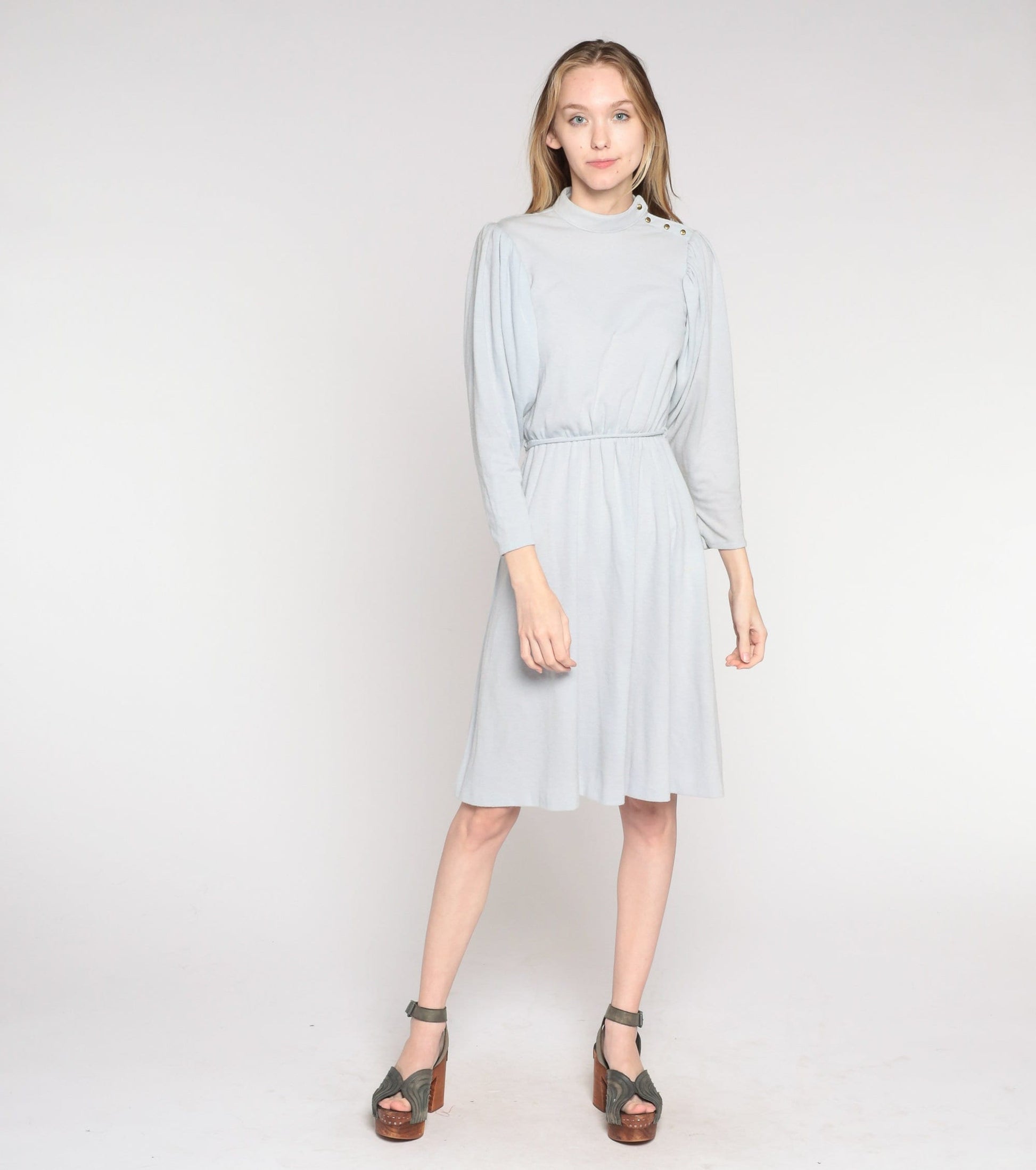 80s Byer Too Puff Sleeve Midi Dress Blue-Grey High Waist Small