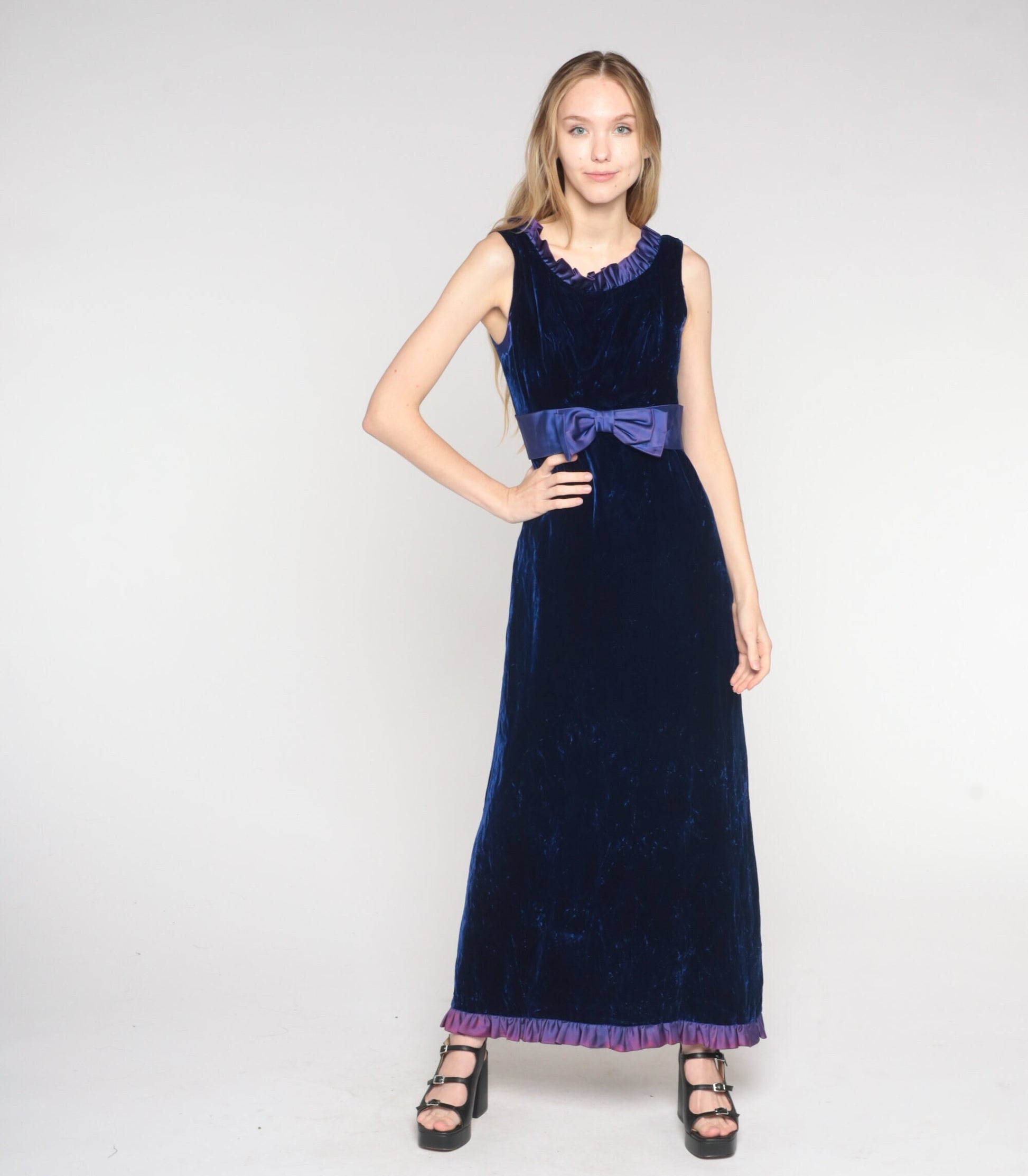 70s Indigo Velvet Maxi Dress Empire Waist Small – Shopexile