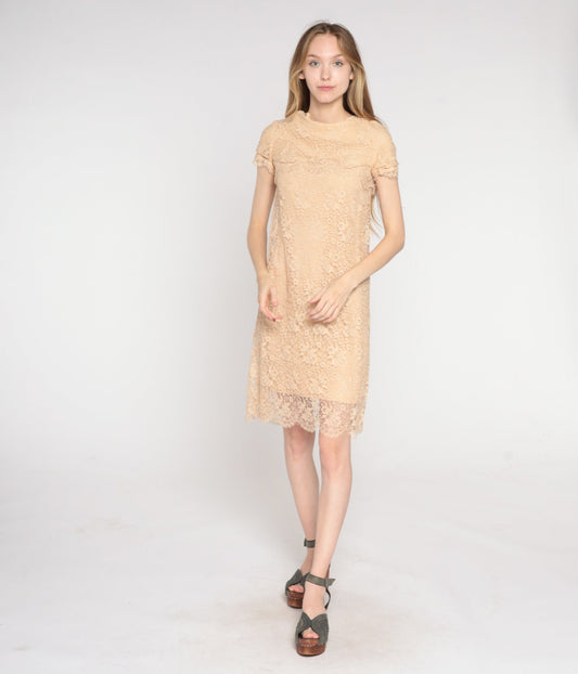 1960s Beige Lace Cocktail Dress Knee Length Sheath Short Sleeve Extra Small