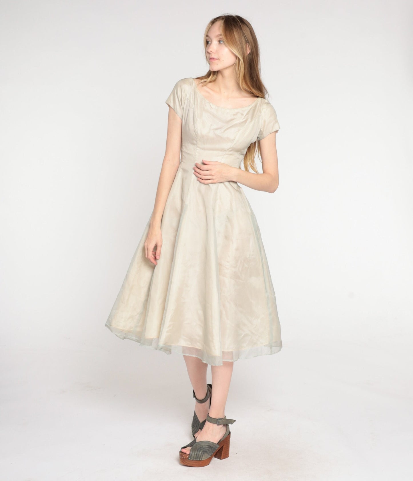 1950s Taupe Organza Midi Dress Cap Sleeve High Waist Full Skirt Extra Small