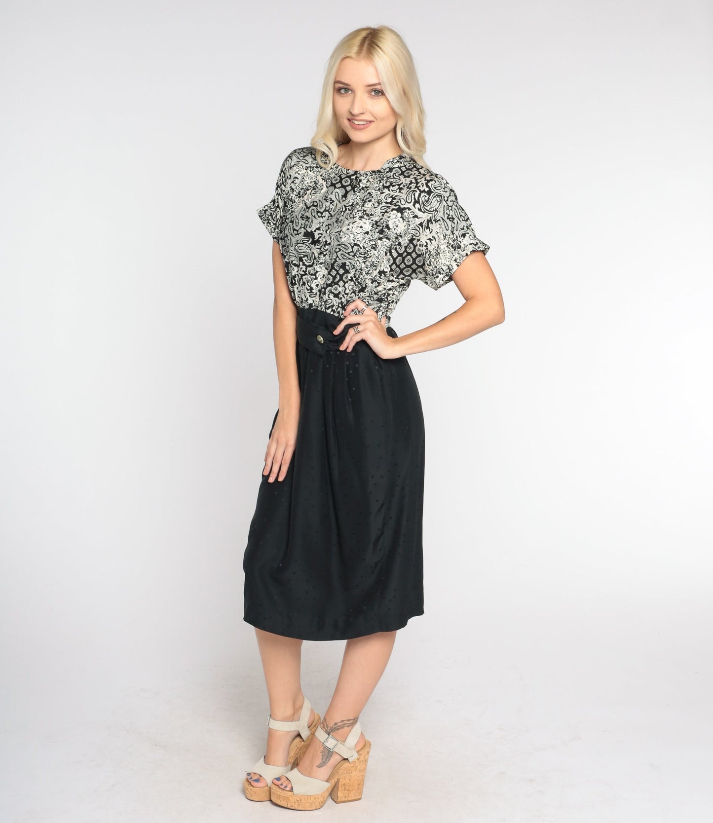90s Black White Silk Midi Pencil Dress Abstract Floral Paisley Print Small 6