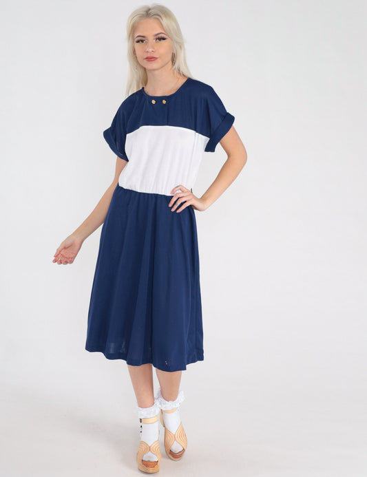 80s Nautical Anchor Button Midi Dress Navy White Color Block Medium Large