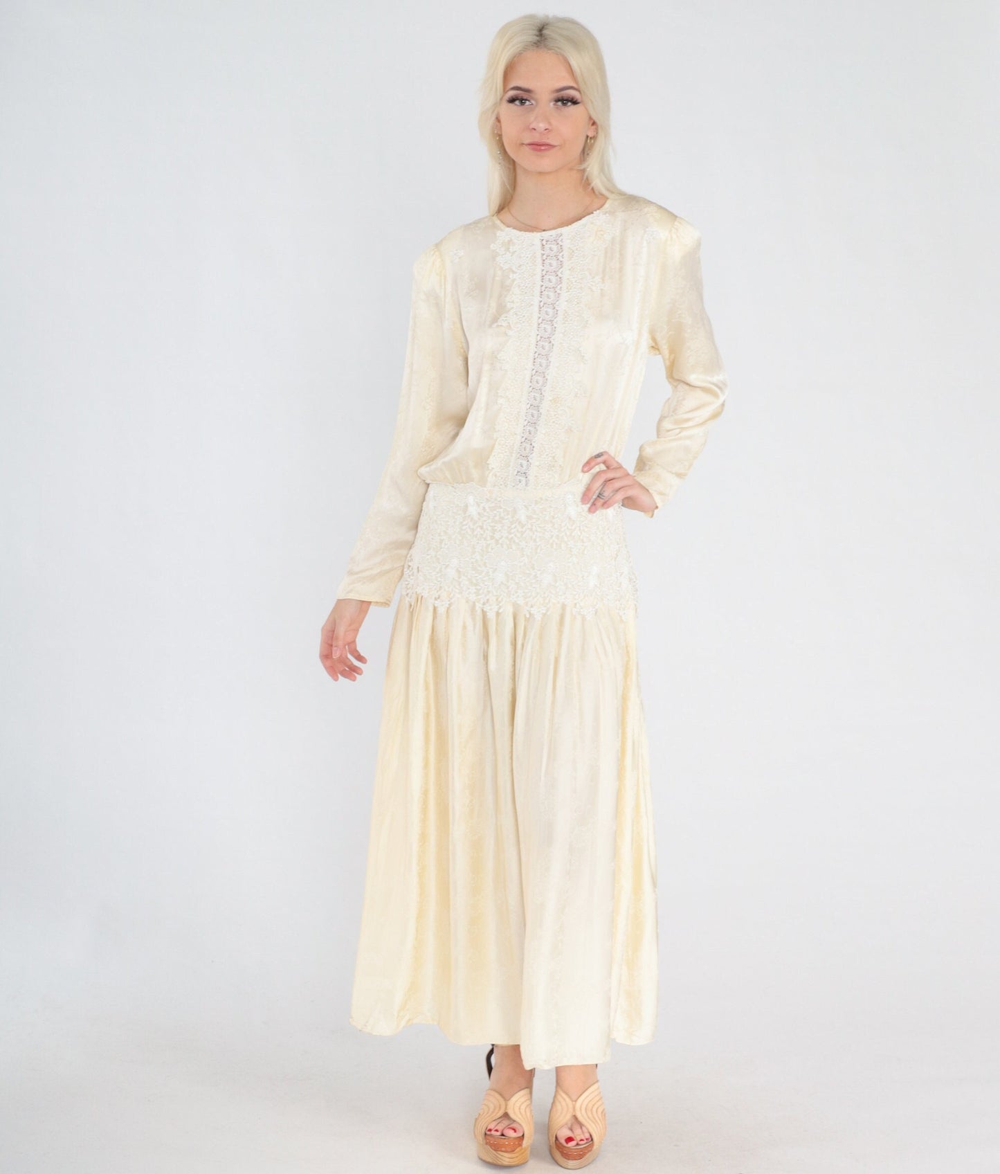 80s Jessica McClintock Cream Silk Midi Dress Embossed Floral Lace Long Sleeve Medium