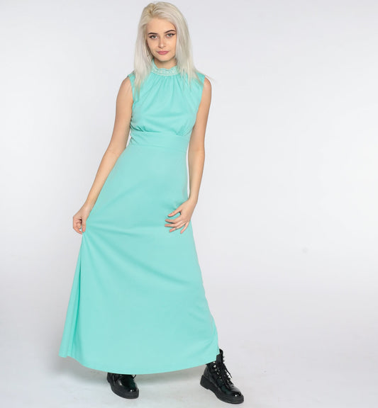70s Seafoam Maxi Dress Empire Waist Crochet Collar Sleeveless Small
