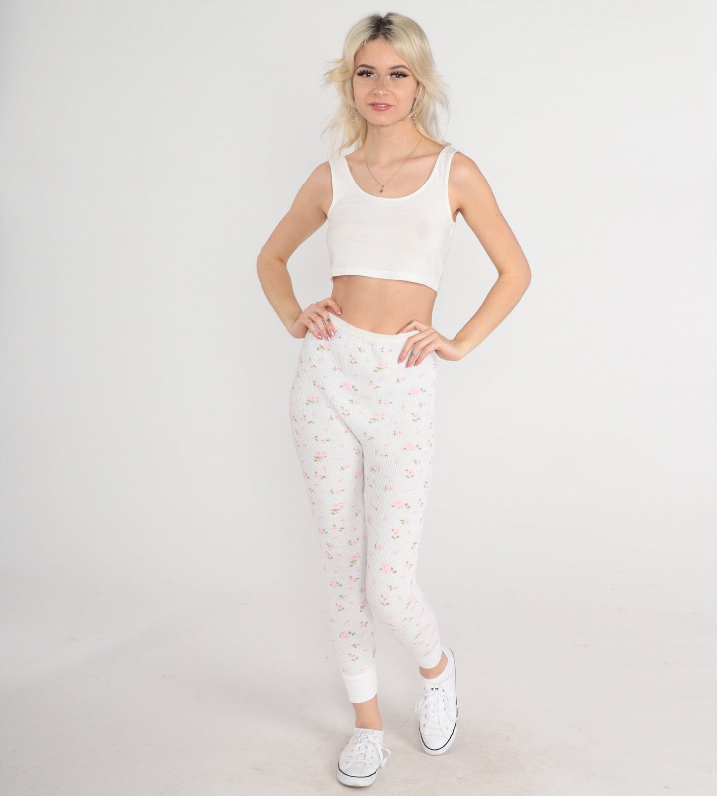 80s Lady Arctex Floral Thermal Pants White Waffle Knit Pink Print XS