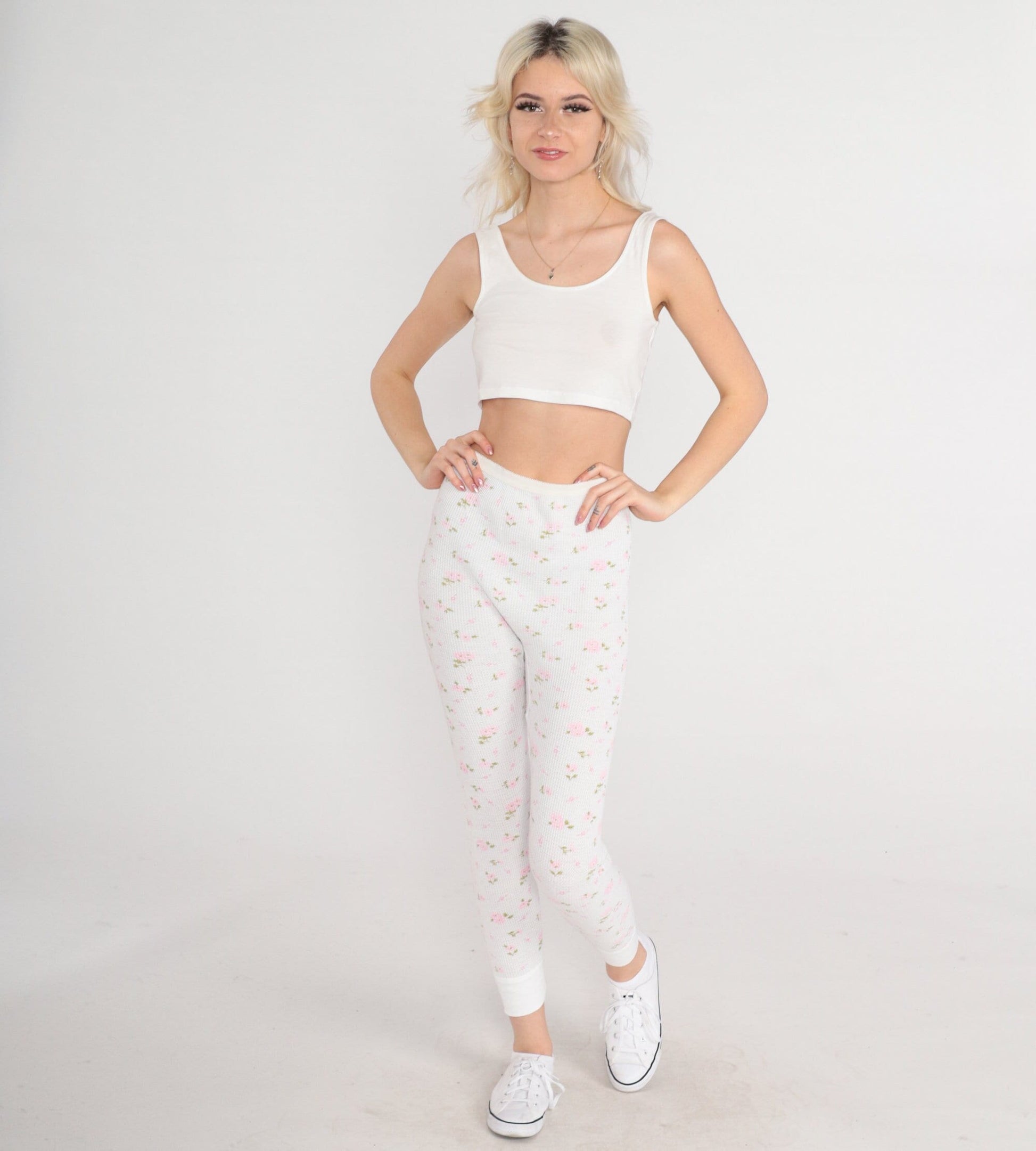 80s Lady Arctex Floral Thermal Pants White Waffle Knit Pink Print XS