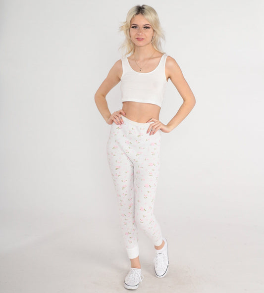 80s Lady Arctex Floral Thermal Pants White Waffle Knit Pink Print XS