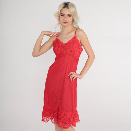 70s Red Slip Dress Floral Lace Empire Waist Spaghetti Strap Knee-Length Medium