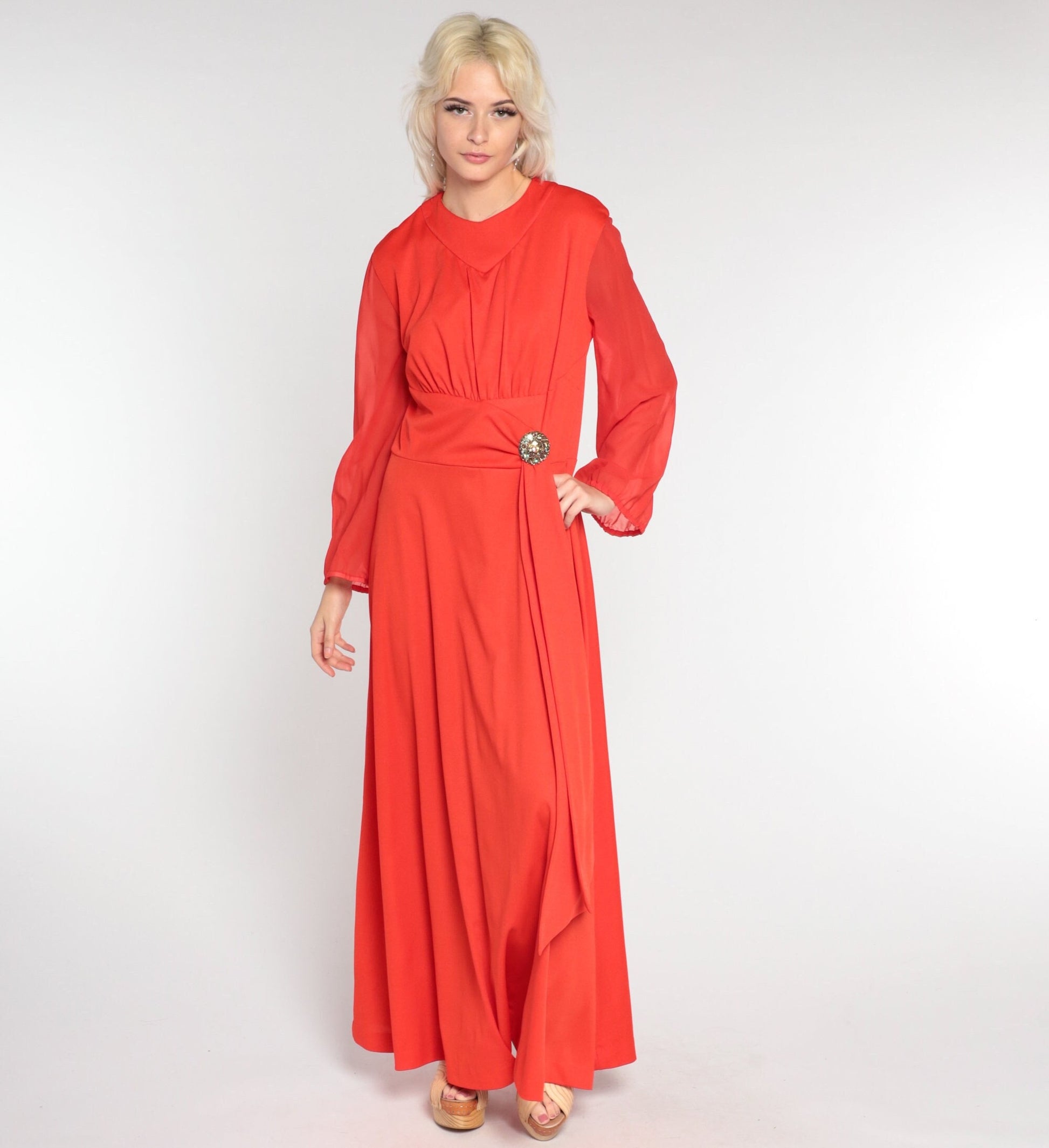 1970s Orange-Red Maxi Dress Rhinestone Sash High Waist Sheer Sleeve Medium