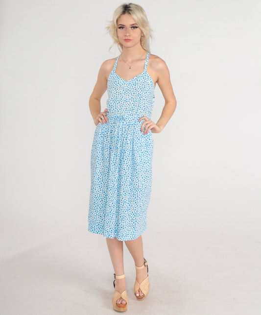 70s Polka Dot Criss-Cross Backless Midi Sundress White Blue Medium